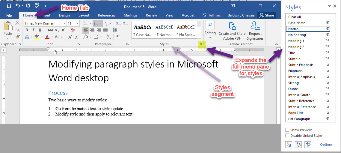 A screen snip of Microsoft Word with annotations demonstrating where users can access the "home tab," the "styles segment," and expand out the complete "Styles menu."